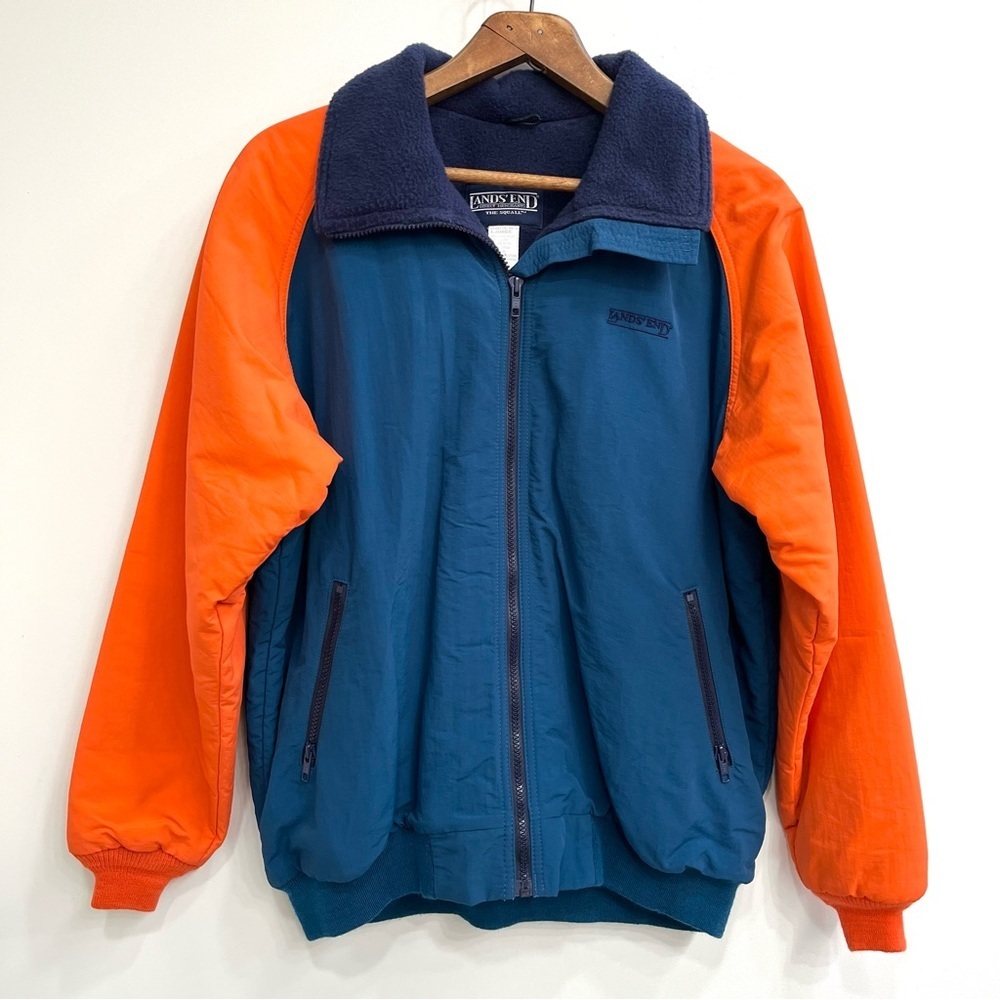 Vintage Lands End Color Block Fleece Lined Blue Orange Jacket Coat Womens Large